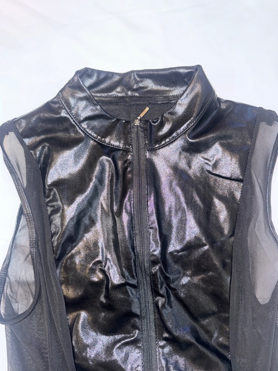 Woman’s Black Shiny Zip-Front Sheer Panel Bodysuit - Picture 4 of 7